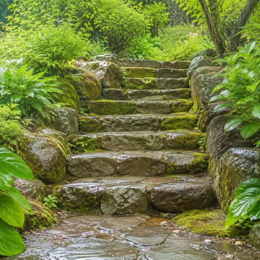 雨水落在长满青苔的石阶上